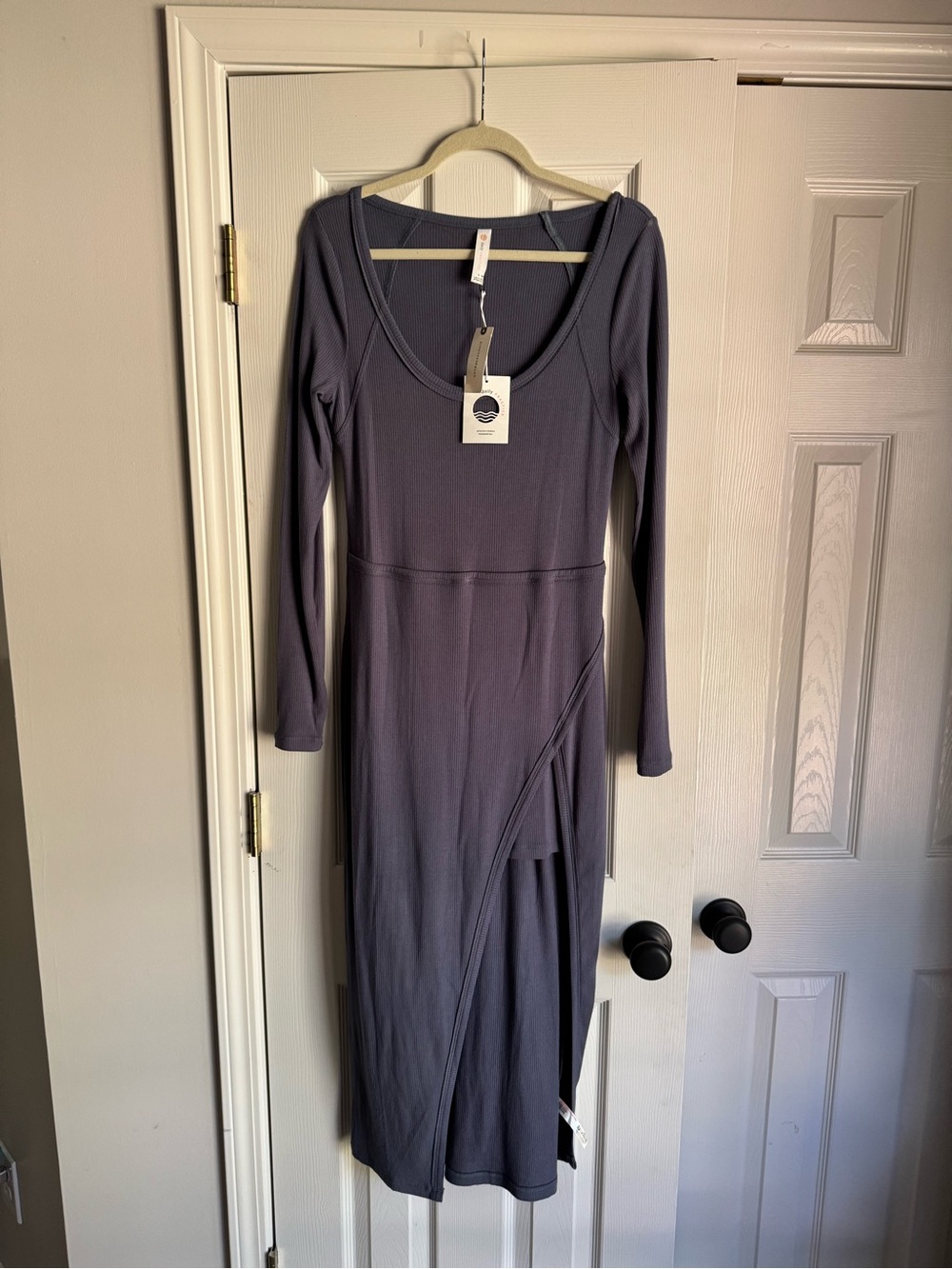 Long-Sleeve Slate Blue Wrap-Front Midi Dress